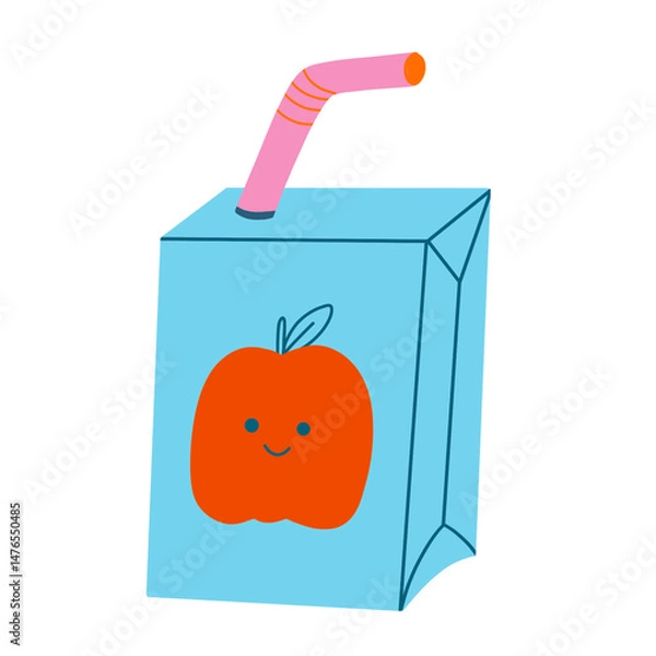 Fototapeta Apple fruit juice box carton with a straw for children, hand drawn simple cartoon illustration drawing in red blue and pink bright color transparent png