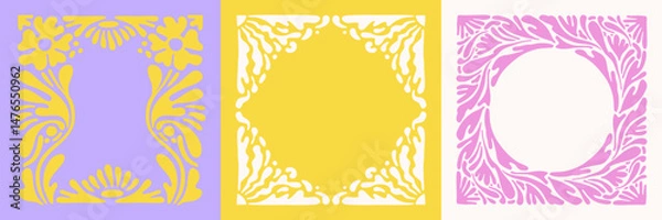 Fototapeta Vector illustration in simple naive and hippie groovy style, flowers and plants, floral botanic hand drawn design templates, frames and modern art prints, posters and placards with copy space