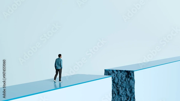 Obraz Man Standing at the Edge of a Broken Path - Life Challenges, Difficult Decisions, Uncertainty, and Overcoming Obstacles, 3D Render