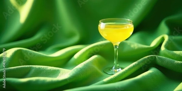 Obraz A refreshing yellow cocktail in a stemmed glass rests on a vibrant green fabric backdrop, bathed in sunlight.