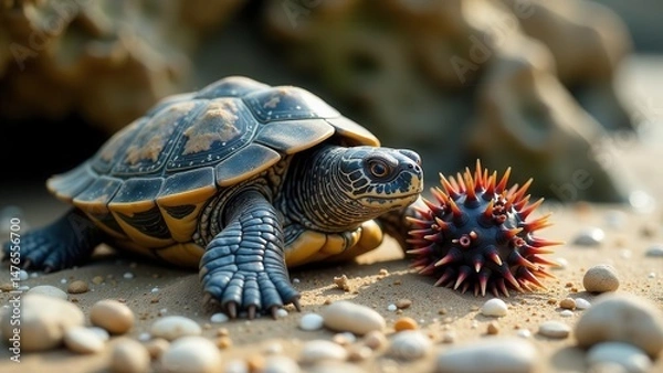 Obraz A small turtle explores a sandy beach near a spiky orb, sunlight illuminating the scene