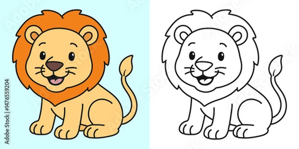 Fototapeta Cute lion cartoon character coloring page vector illustration