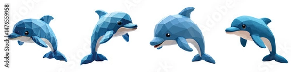 Fototapeta Cut Out Set of Low Poly Vector illustration Of Dolphin Toy Isolated on Transparent or White Background.
