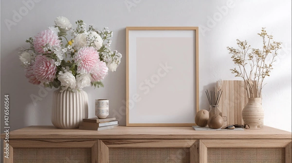 Fototapeta white wall a framed mockup, Two Posters and a Photo Frame Staged on Rustic