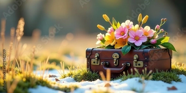 Obraz Vintage Suitcase Adorned with a Delicate Bouquet of Spring Blossoms Resting on a Patch of Moss and Snow
