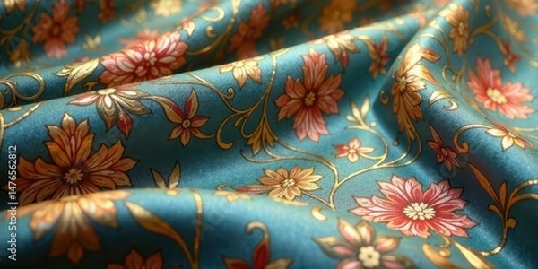 Obraz Elegant Teal Silk Fabric with Gold Floral Design, Soft Drape and Luxurious Texture