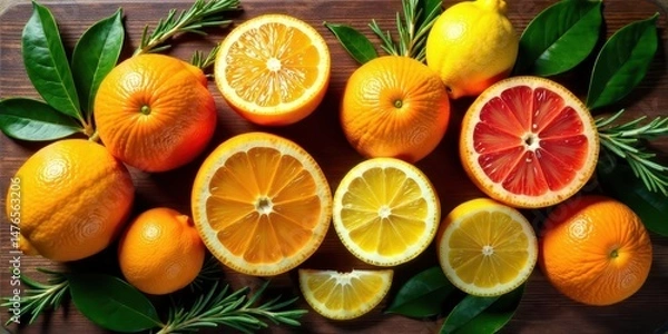 Obraz A vibrant collection of citrus fruits, including oranges, lemons, and grapefruits, artfully arranged on a rustic wooden surface, adorned with fresh rosemary sprigs and lush green leaves.