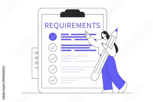 Fototapeta Product developer woman hold pencil confirm requirement checklist. Flat Cartoon Vector Illustration, icon. Stylish abstract design landing page