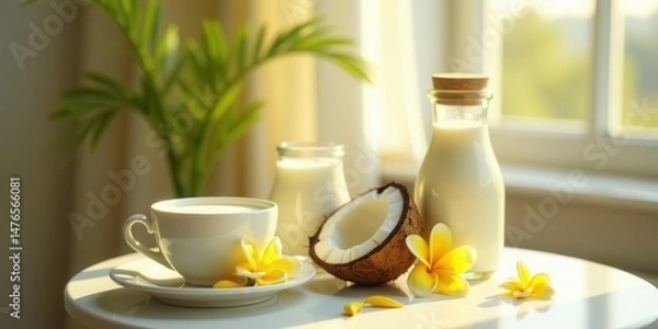 Obraz Sunlit Morning A Refreshing Cup of Coconut Milk with Tropical Flowers on a White Table
