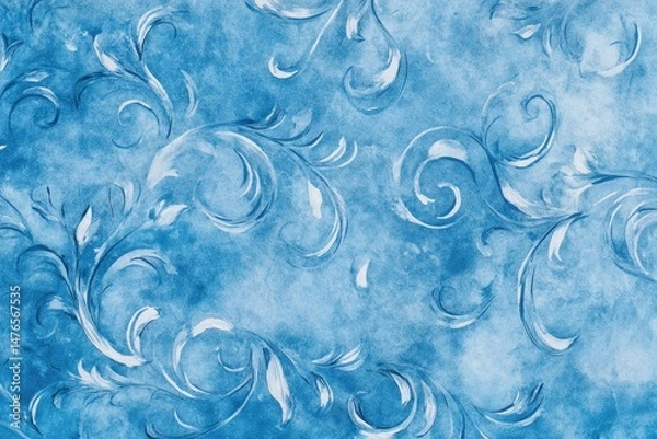 Fototapeta Delicate, icy blue patterned background with swirls and floral designs.  Watercolor effect