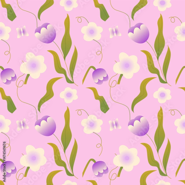Obraz Botanical floral seamless pattern with flowers and leaves on a pink background. Perfect for textile design, wallpapers, packaging. Vector Illustration.