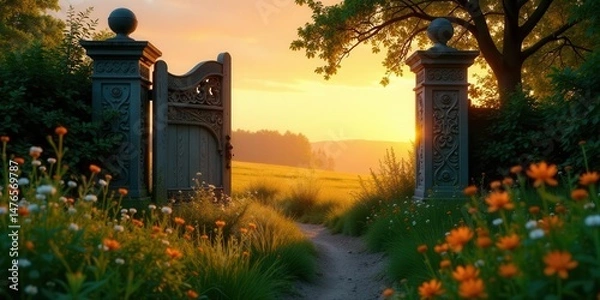 Obraz Ornate Gate Opens to a Serene Sunset Landscape, Pathway Beckons Through Vibrant Wildflowers