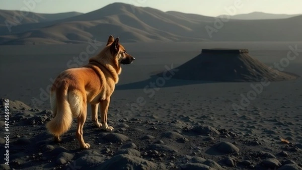 Obraz A lone canine companion surveys a desolate, expansive landscape of dark sand and distant hills under a soft, setting sun