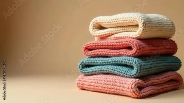Obraz A Stack of Soft Knitted Garments in Pastel Hues, Folded Neatly, Displaying Textures and Colors