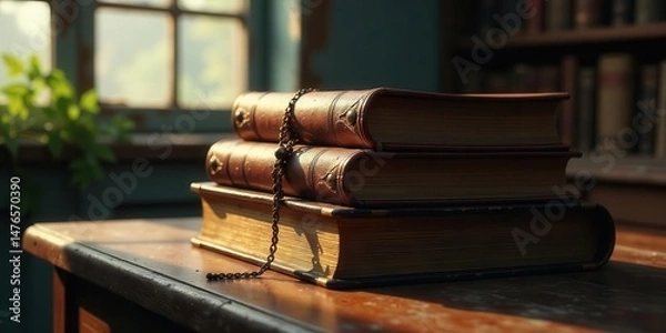 Obraz A stack of antique leather-bound books rests on a wooden surface, bathed in the warm glow of sunlight streaming through a nearby window, a delicate chain draped artistically across the volumes.