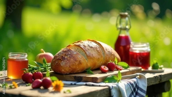 Obraz Rustic outdoor picnic setting with freshly baked bread, honey, strawberry preserves, and ripe strawberries