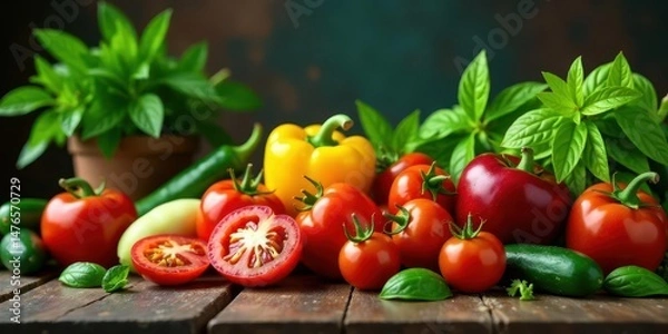 Obraz Vibrant Garden Bounty A Colorful Display of Fresh Tomatoes, Peppers, and Cucumbers on Rustic Wooden Surface