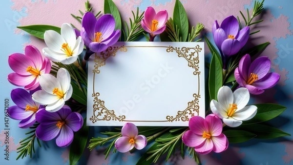 Obraz Elegant floral arrangement with blank card featuring ornate gold border and various colored crocuses