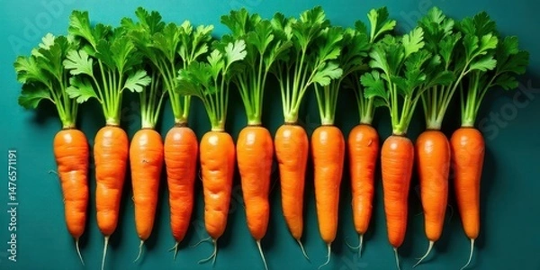 Obraz A vibrant row of freshly harvested carrots, each adorned with its vibrant green tops, arranged in a visually appealing pattern against a rich teal backdrop.