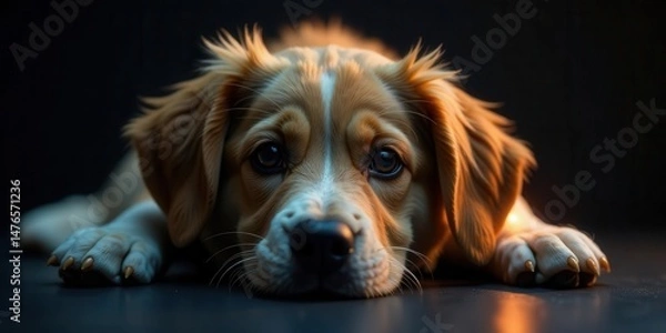 Obraz A heartwarming portrait of a young canine, exhibiting gentle eyes and a relaxed posture, resting peacefully on a dark surface