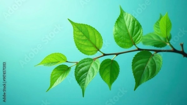 Obraz Vibrant Green Leaves on a Branch Against a Teal Background, Symbolizing Spring's Renewal and the Beauty of Nature's Simple Elegance
