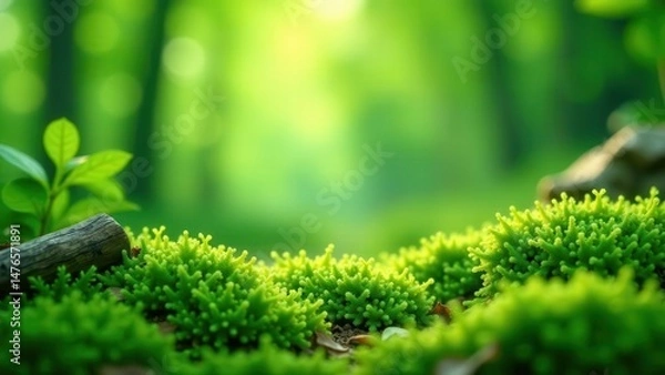 Obraz Vibrant Green Moss in a Sunlit Forest Clearing, Showing Lush Nature and Detailed Plant Life