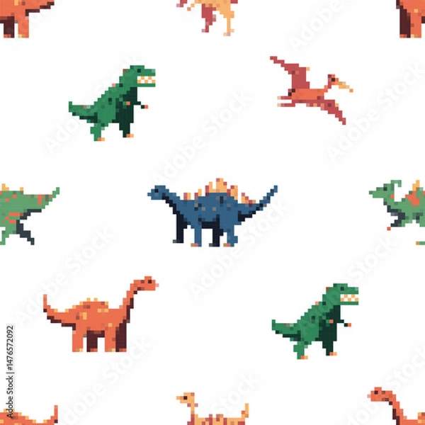 Fototapeta Pixelated dinosaurs vector cartoon seamless pattern on a white background.