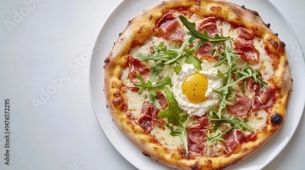 Obraz A small pizza with cheese and herbs on a white background.