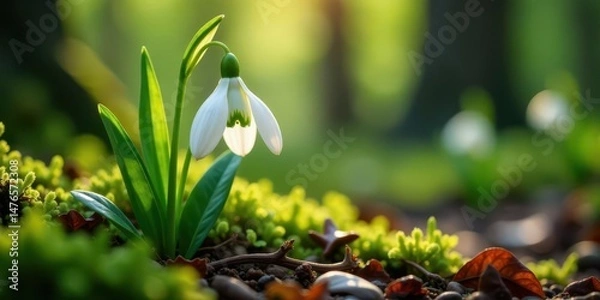 Obraz A Delicate Snowdrop Flower Emerging in the Springtime Sunlight, Surrounded by Lush Greenery and Ground Cover