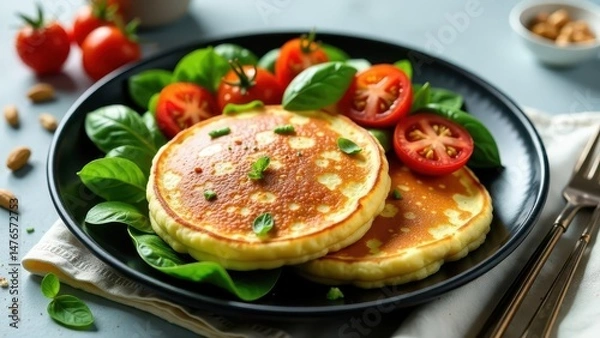 Obraz Delicious Savory Pancakes with Fresh Herbs and Tomatoes on a Dark Plate