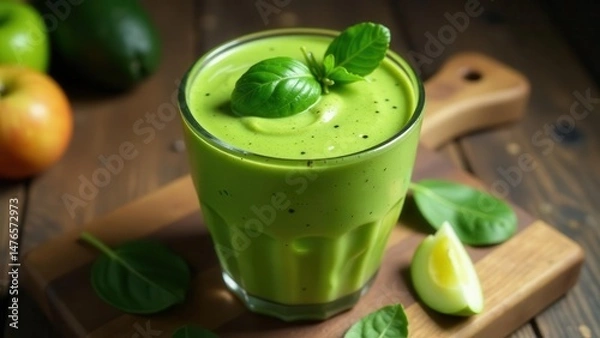 Obraz Refreshing Green Smoothie in Glass with Fresh Ingredients