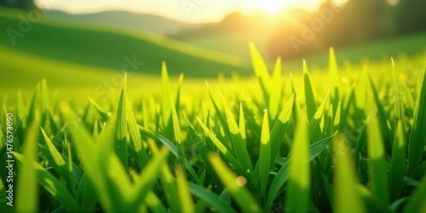 Obraz Vibrant Green Blades of Grass Illuminated by Warm Sunlight in a Rolling Meadow Landscape