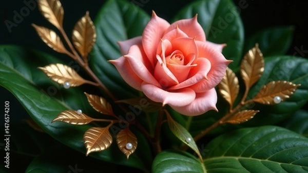 Obraz A delicate coral rose adorned with gilded leaves and lustrous pearls, nestled amongst lush green foliage, creates a breathtaking still life.