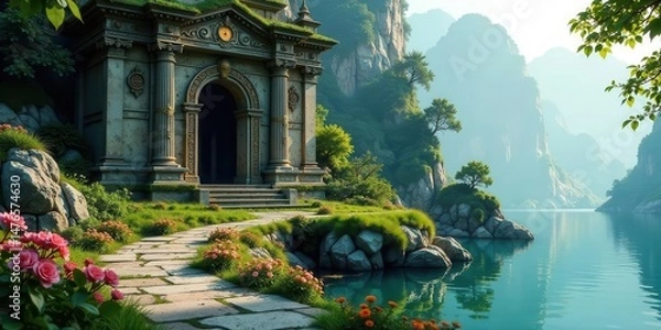 Obraz Serene Lakeside Temple A Pathway to Tranquility Amidst Majestic Mountains and Lush Greenery