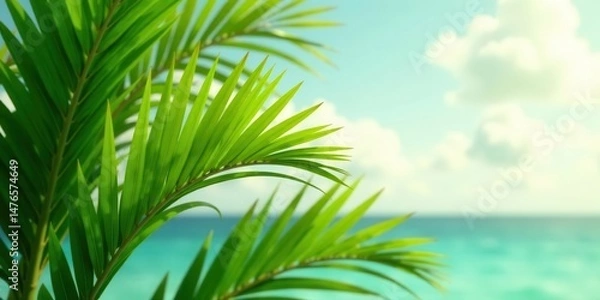 Obraz Vibrant Green Palm Fronds Framing a Serene Ocean Vista Under a Summer Sky