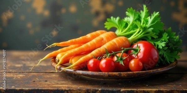 Obraz A Rustic Still Life Featuring Freshly Harvested Carrots, Tomatoes, and Vibrant Green Herbs on a Weathered Wooden Surface
