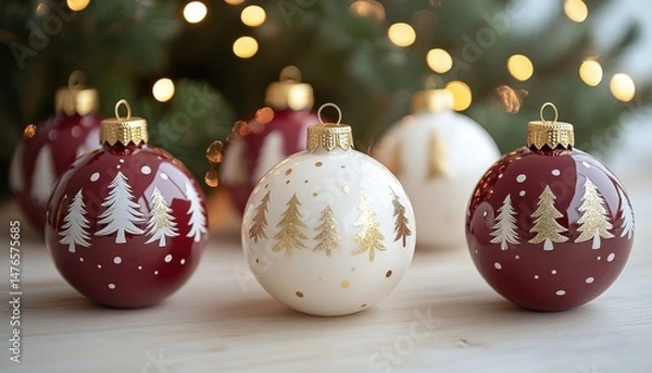 Obraz Red and White Christmas Ornaments with Gold Trees