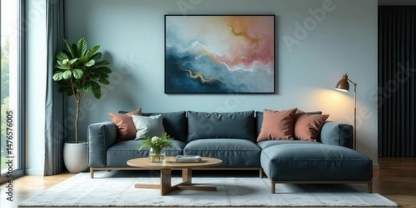 Obraz Serene Living Room Interior Design with Sectional Sofa and Abstract Wall Art