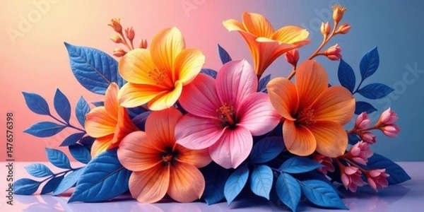 Obraz Vibrant Floral Arrangement with Peach, Pink, and Coral Blossoms, Showcasing Striking Blue Foliage in a Captivating Still Life