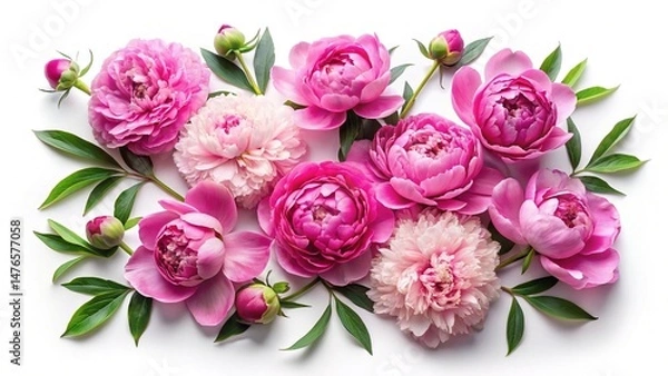 Fototapeta Beautiful arrangement of pink and light pink peonies with lush green leaves