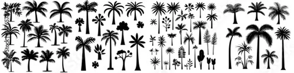 Fototapeta A seamless pattern of palm trees is presented, featuring tropical trees and green plants in a flat design, suitable for exotic forest fabric prints, wrapping paper templates, and modern backgrounds