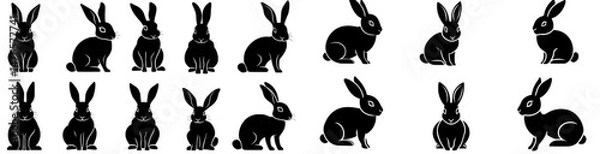 Fototapeta The collection features isolated modern clipart of cute Easter bunnies and hares in black and white, presented in a simple flat style as logos, emblems, or pictograms