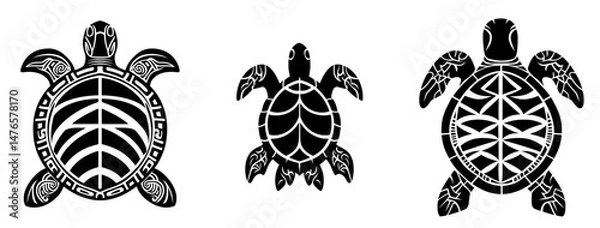 Fototapeta A modern polynesian art piece featuring a Maori tribal turtle reptile animal tattoo, complete with a sea turtle isolated silhouette and abstract geometric black white pattern, reminiscent of