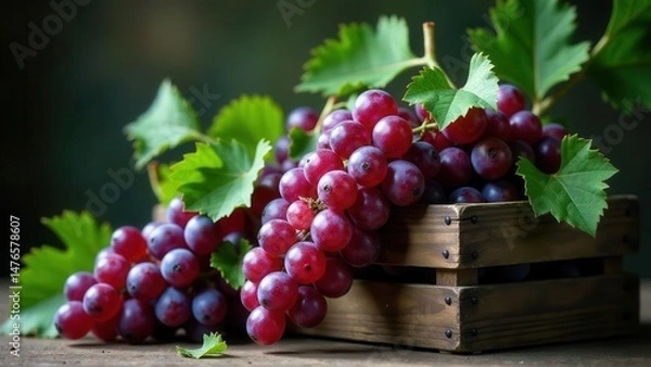 Obraz A Cluster of Fresh Red Grapes in a Rustic Wooden Crate, Showing Lush Green Vine Leaves and the Juicy, Ripe Berries