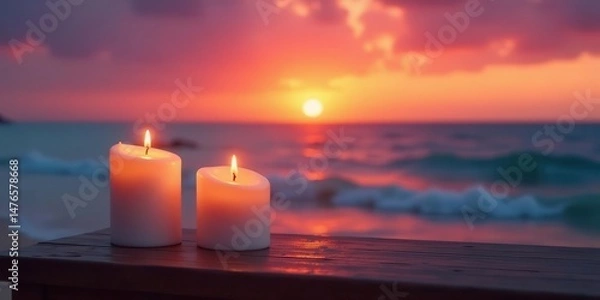 Obraz Serene Sunset Glow Two Lit Candles Resting on Wooden Surface Near Ocean Waves at Dusk