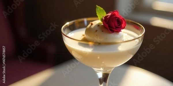 Obraz Elegant Creamy Dessert in a Coupe Glass, Garnished with a Delicate Rose