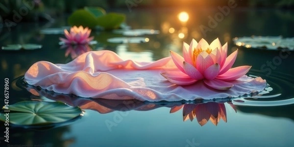 Obraz Serene Pink Water Lily on a Soft Fabric Afloat on Calm Water at Sunset