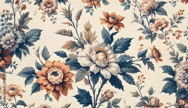 Obraz Toile Floral Pattern Tapestry with Vintage Botanical Wallpaper Design, Background Image Created with Generative AI Technology