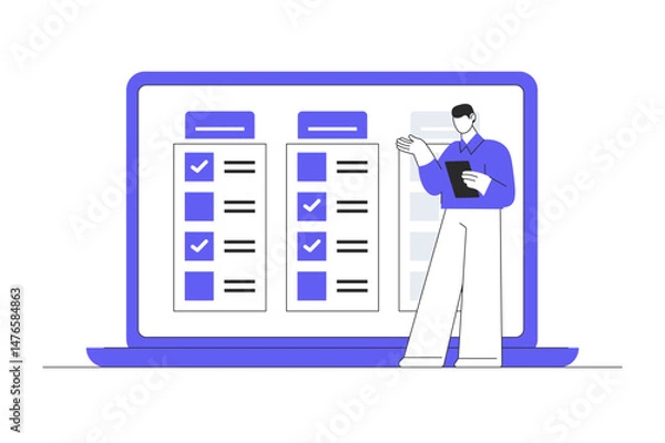 Fototapeta Task management finish project efficiently on computer laptop business planning checklist completion schedule agenda. Flat Cartoon Vector Illustration, icon. Stylish abstract design landing page