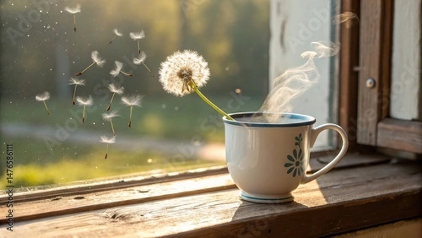Fototapeta Warm Mug, Dandelion Seeds, Window Light A Tranquil Composition, Dandelion, Warmth